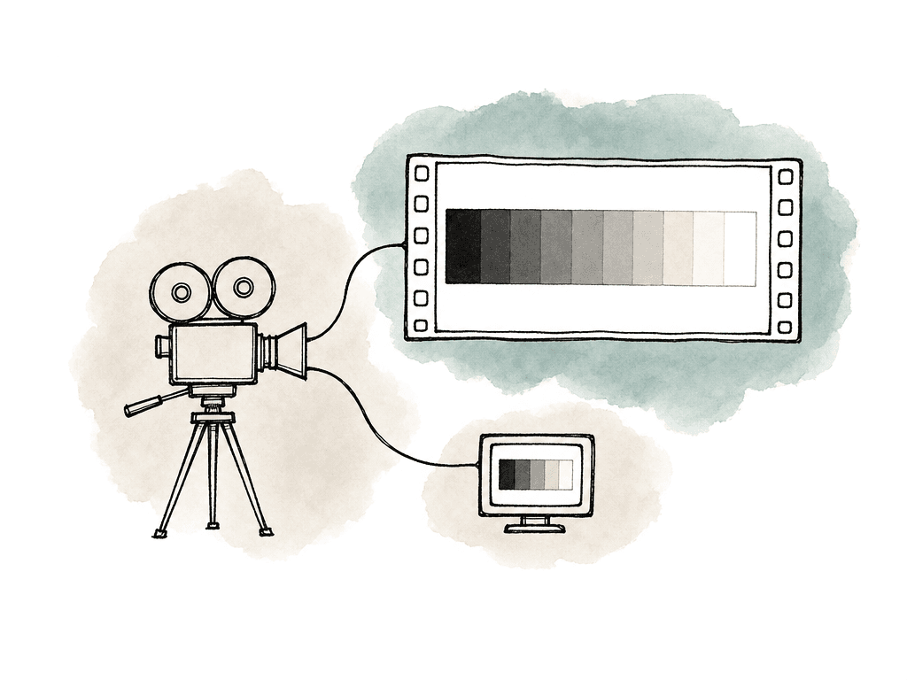 A camera feeds a wide tonal range into a preserved recording while a separate monitor shows a smaller preview range.