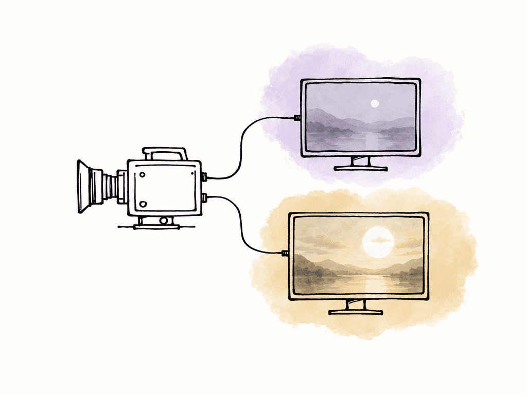 A camera sends two separate lines to two monitors, one showing a smaller SDR-like range and one showing a wider HDR-like range.