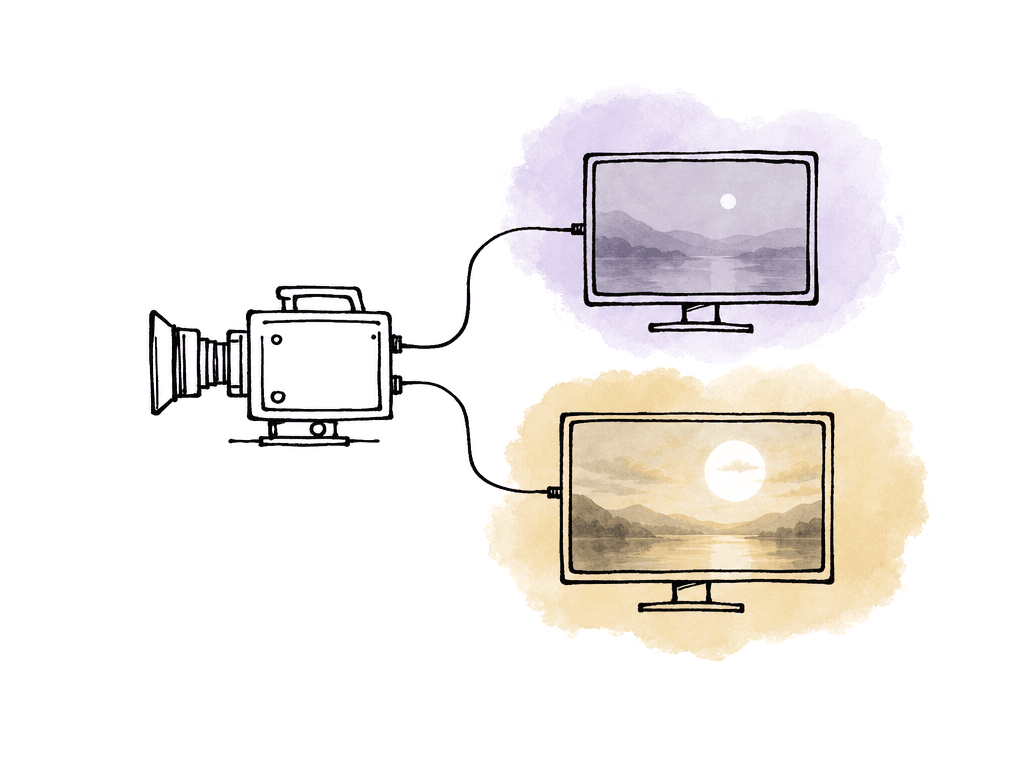 A camera sends two separate lines to two monitors, one showing a smaller SDR-like range and one showing a wider HDR-like range.