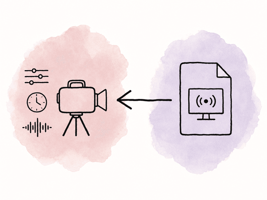 A backward arrow points from a finished broadcast master icon to a camera with simple setting controls.