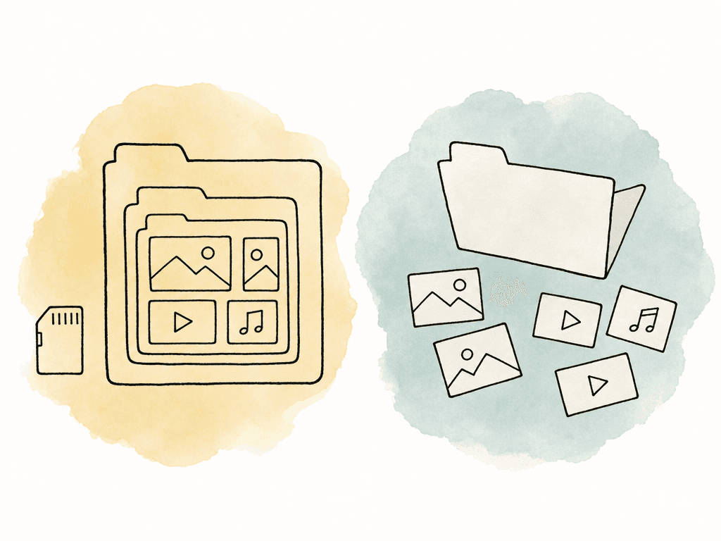 An intact nested folder structure is contrasted with loose media files scattered outside a folder.