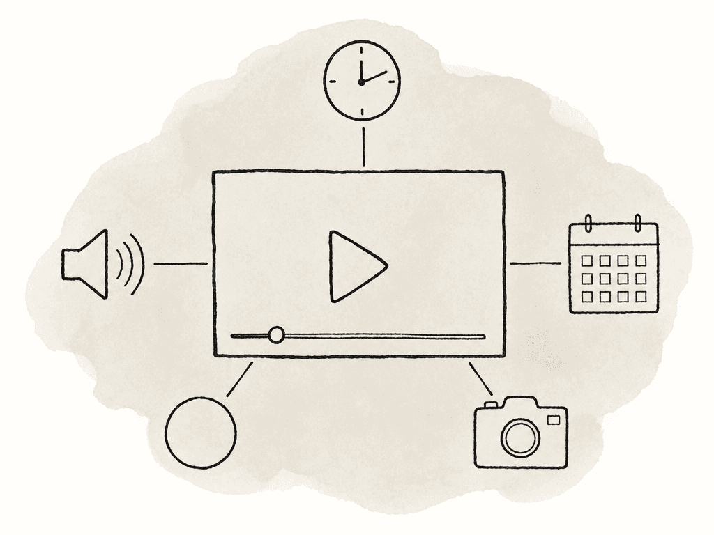 A media clip has small connected icons for timecode, audio, date, color, and camera information.