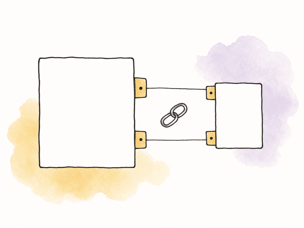 A large media file and a smaller proxy file are connected by matching tabs, dots, and a chain link.