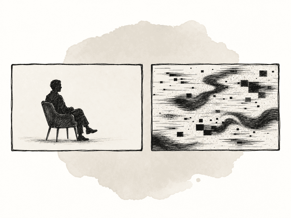 A clean interview-style frame is compared with a noisy, blocky, high-motion frame.