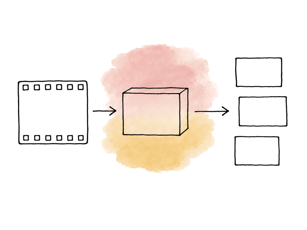 A clean video file flows through a platform encoder into several smaller playback versions.