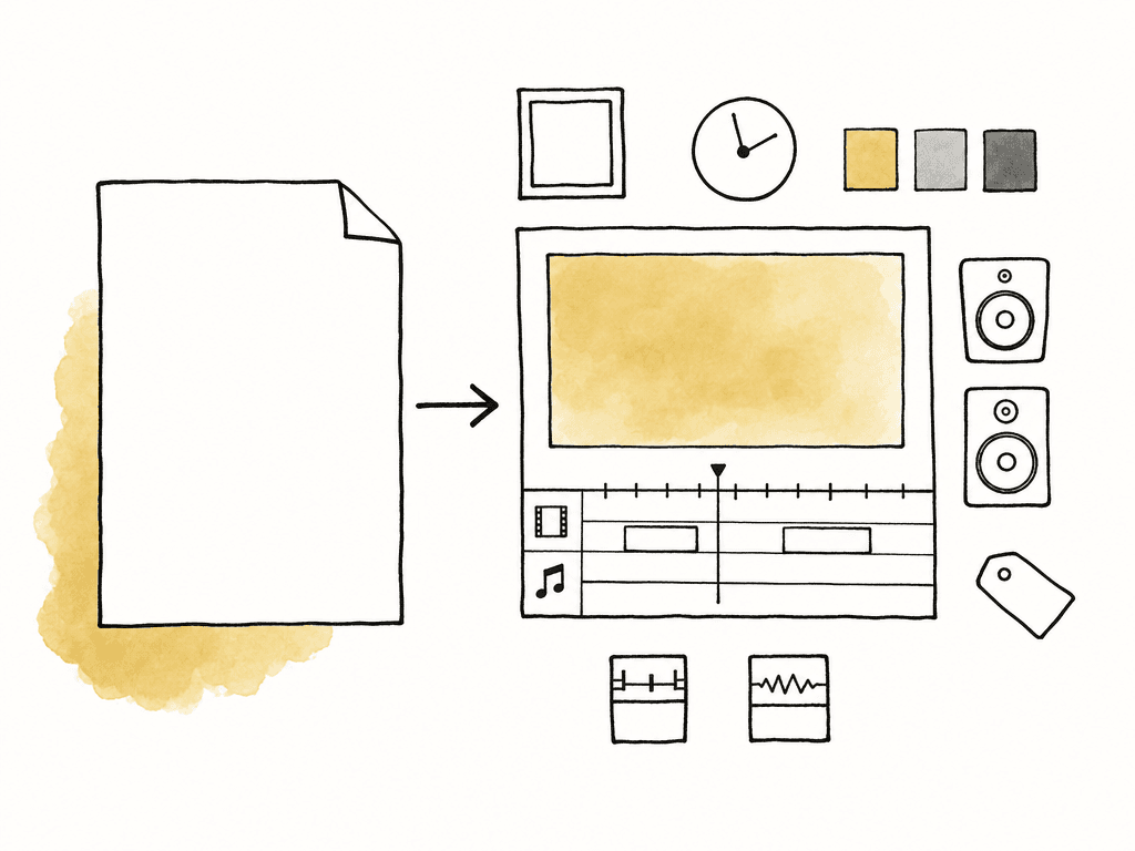 Hand-drawn delivery document pointing to a timeline and related icons for format, color, audio, subtitles, and metadata.