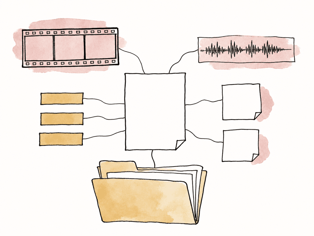 Hand-drawn folder containing linked video, audio, subtitle, and document-like assets, representing the structure of an IMF package.