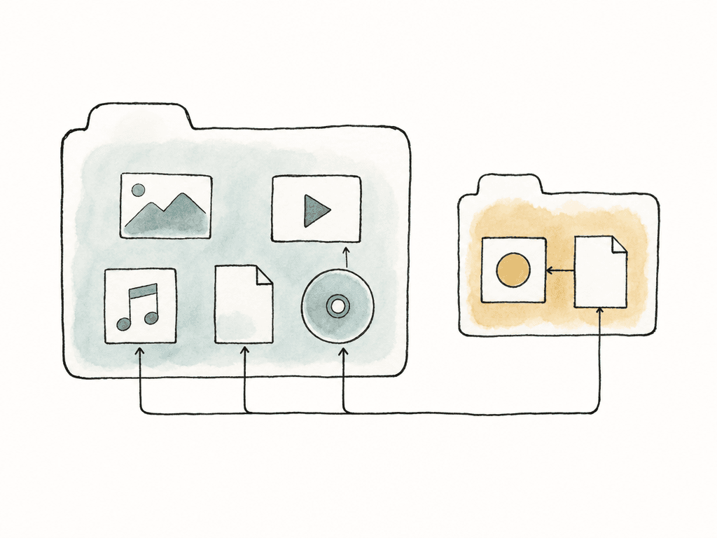 Hand-drawn large base package folder connected to a smaller supplemental folder with one new asset and a playlist-like sheet.