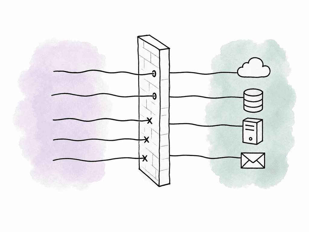 A simple firewall gate lets a few network cables pass while other cables stop at the boundary.