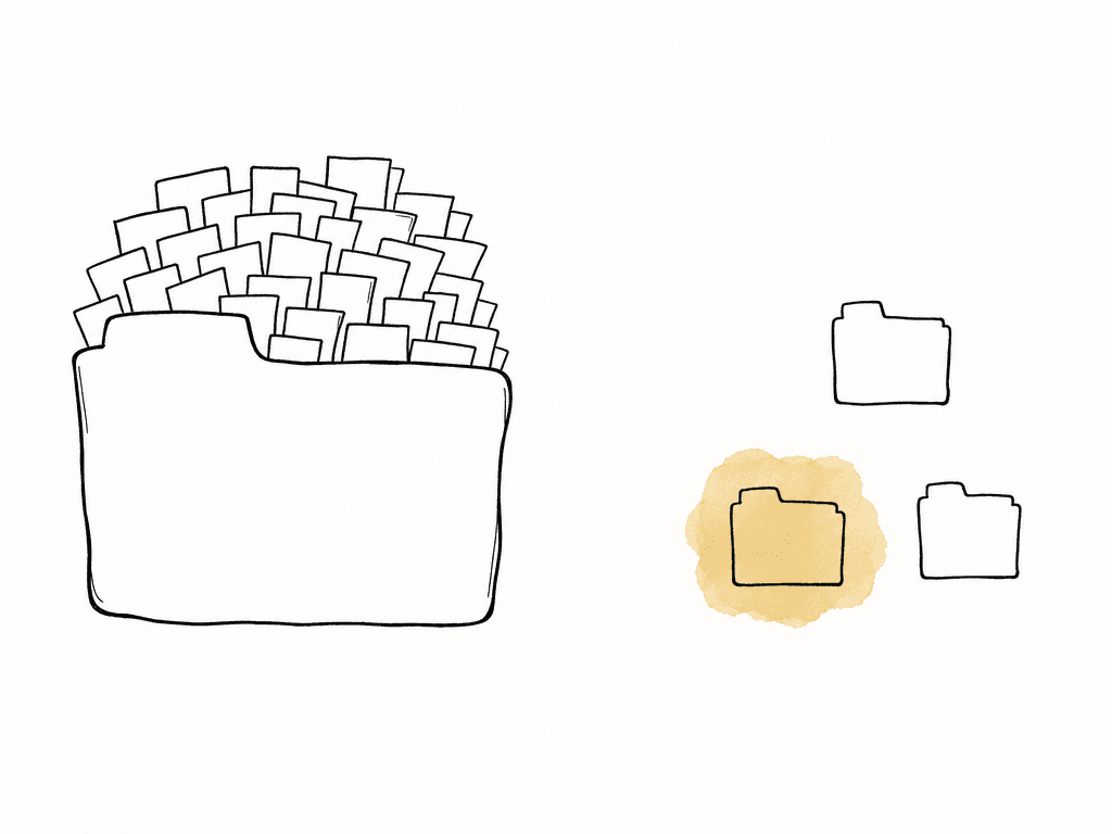 A huge overflowing project folder is contrasted with several small tidy folders, one of them selected for active work.