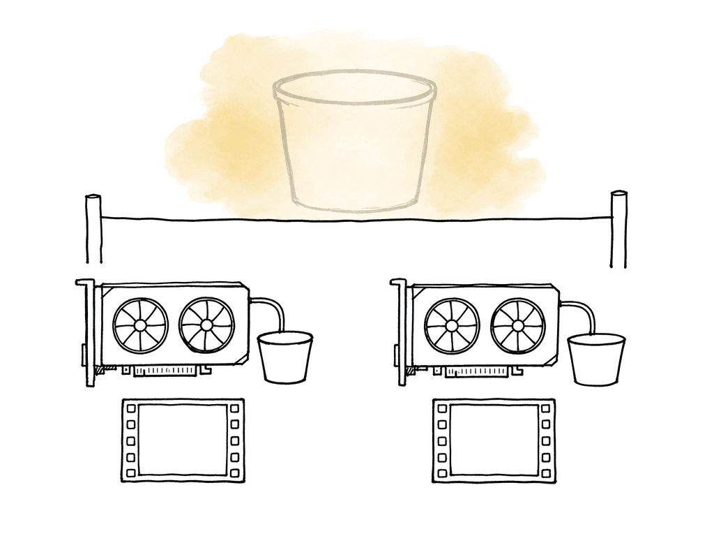 Hand-drawn diagram of two GPUs processing separate frame tiles while keeping separate memory buckets instead of one combined memory pool.