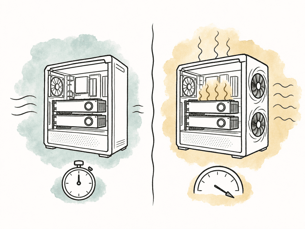 Hand-drawn comparison of a dual-GPU workstation passing a short test but overheating and slowing during a longer sustained workload.