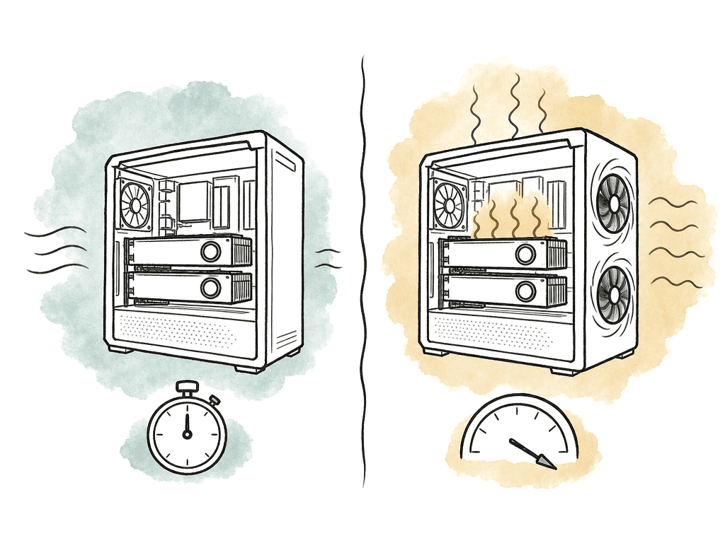 Hand-drawn comparison of a dual-GPU workstation passing a short test but overheating and slowing during a longer sustained workload.