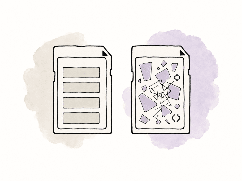 A neat memory card is compared with a cluttered, fragmented memory card.