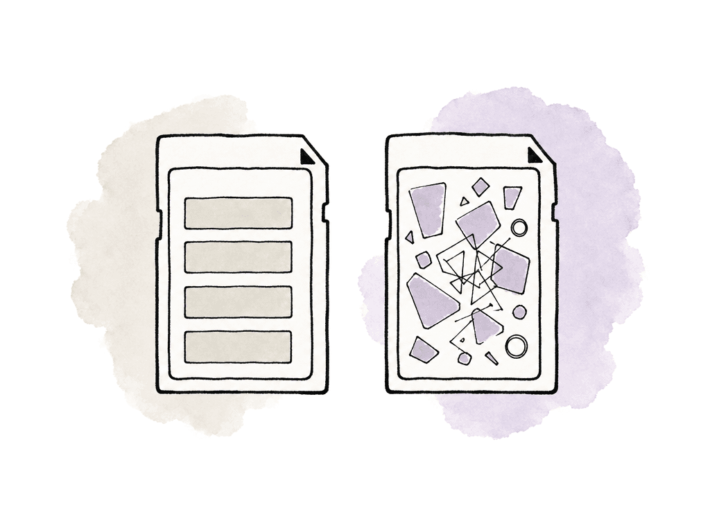 A neat memory card is compared with a cluttered, fragmented memory card.