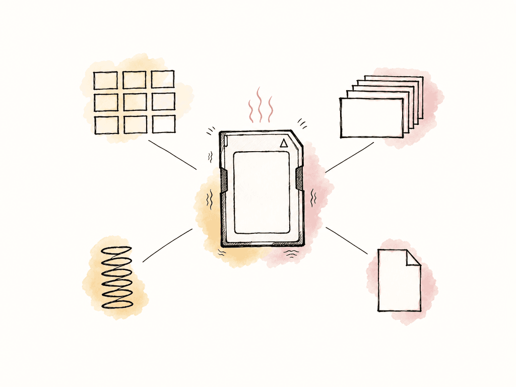 Several simple recording-setting icons converge on a memory card, suggesting combined write load.