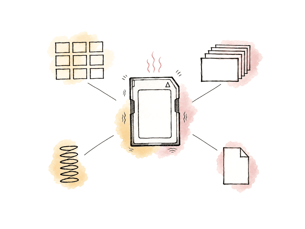 Several simple recording-setting icons converge on a memory card, suggesting combined write load.