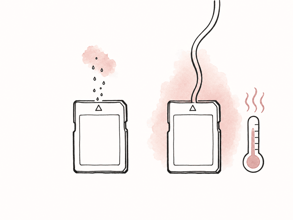 Two memory cards are compared, one receiving a brief burst of data and the other receiving a steady stream beside a thermometer.