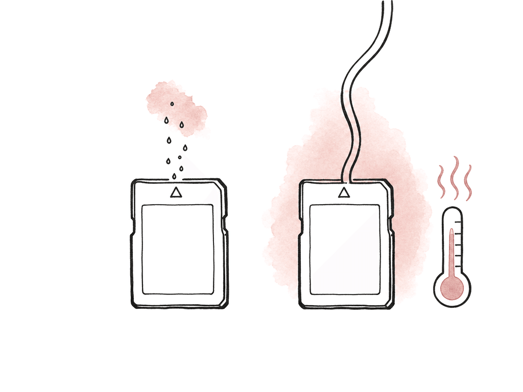 Two memory cards are compared, one receiving a brief burst of data and the other receiving a steady stream beside a thermometer.