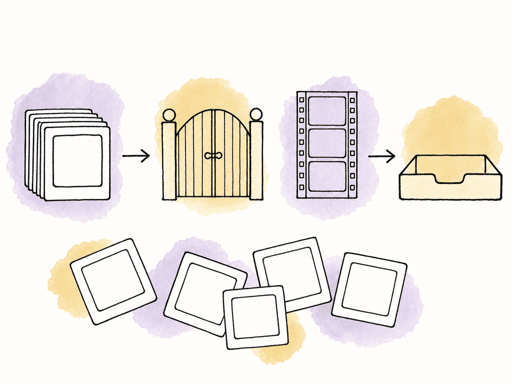 An ordered chain shows frames leading to a review movie and then to delivery, with a barrier preventing the movie step from starting too soon.