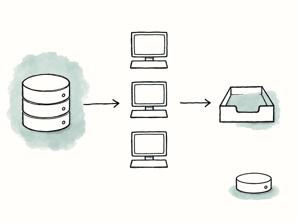 A shared storage stack feeds several worker machines, which write to a central output location, while a separate local disk sits disconnected.