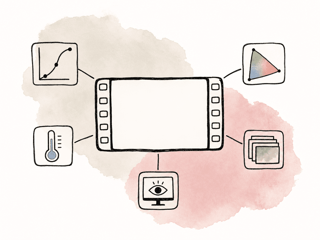 A film clip doodle has small icon tags for color and recording properties attached around it.