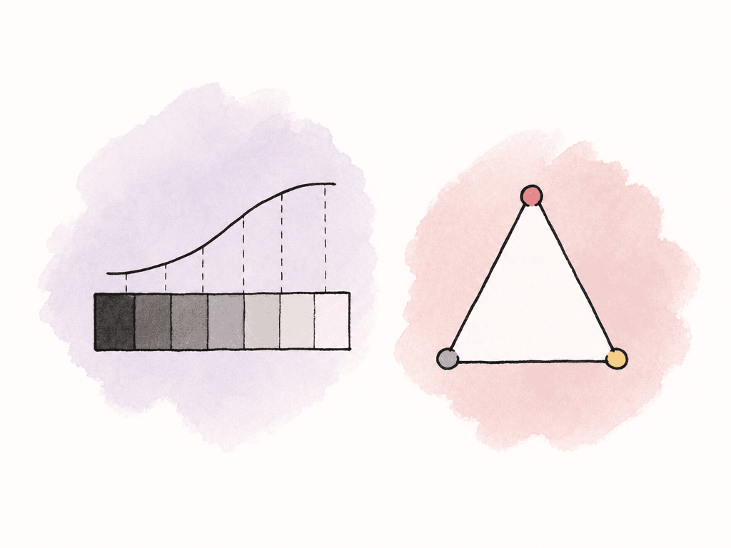 A simple doodle compares a grayscale tone curve with a triangular color gamut shape.