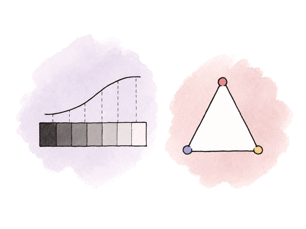 A simple doodle compares a grayscale tone curve with a triangular color gamut shape.