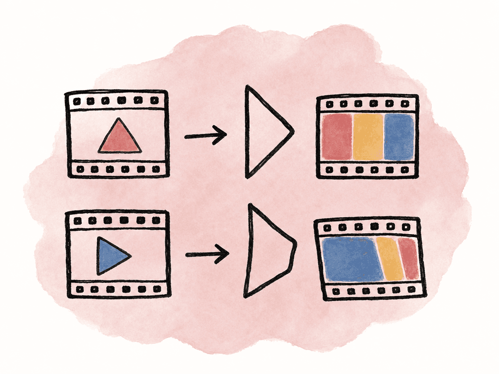 Two film clips pass through color transform gates, one matching cleanly and one producing a distorted color result.