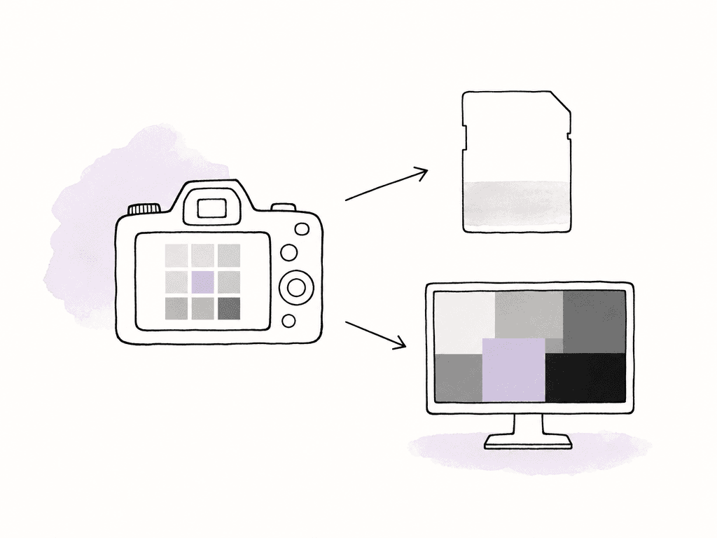 Doodle diagram of a camera sending a clean image to a media card and a transformed image to a monitor.