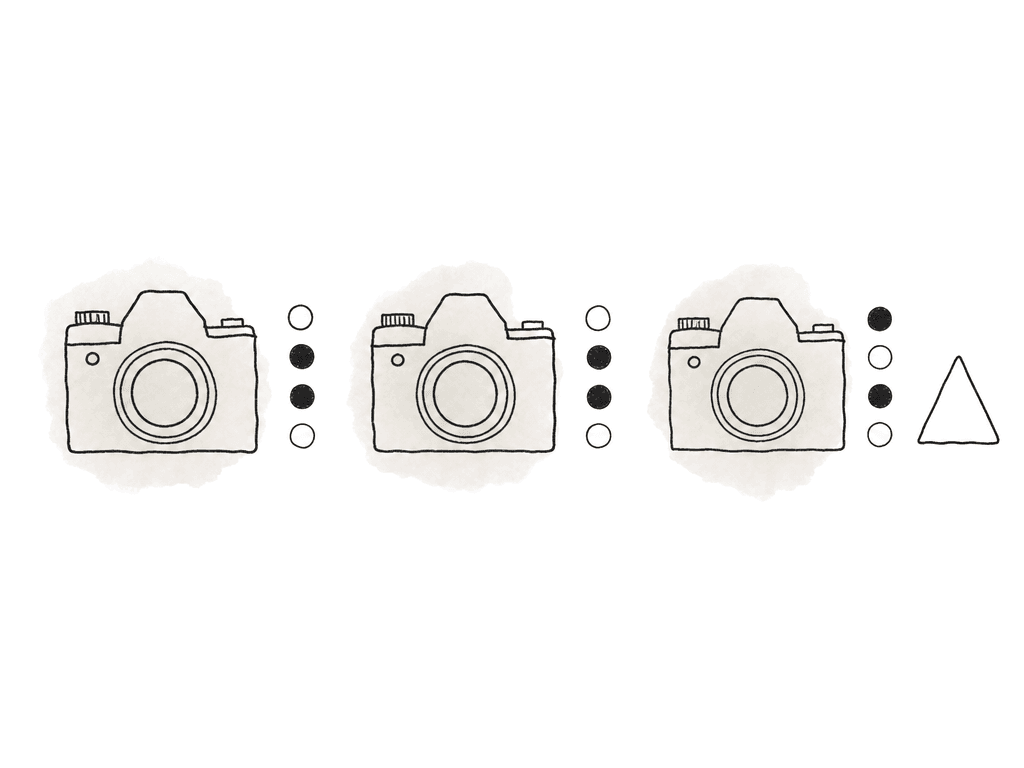 Doodle of several cameras with matching LUT slot dot patterns and one mismatched camera slot pattern.
