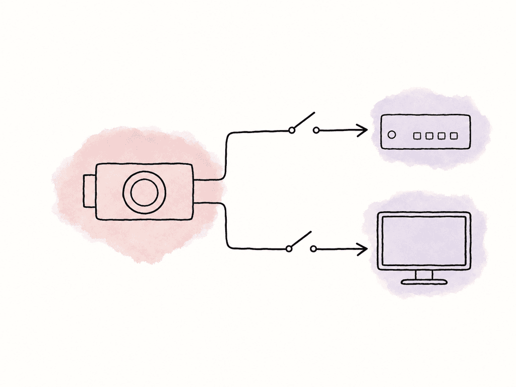 Flat doodle of a camera feeding a clean recorder path and a separate LUTted monitor path.