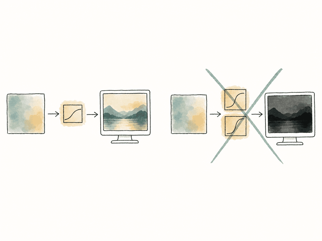 Comparison doodle showing a single-LUT monitor path and a crossed-out double-LUT path.