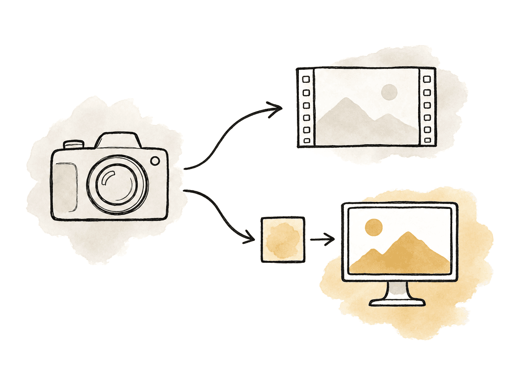 A camera sends one path to a clean recording and another path through a LUT-like tile to a monitor.