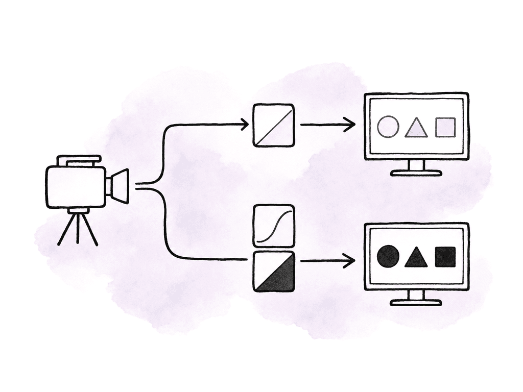 One camera feeds two monitors, with one path using one LUT tile and the other using two, resulting in a darker image.