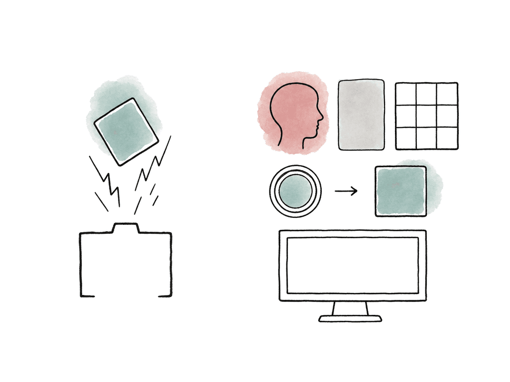 A messy LUT tile falls onto footage while a separate tested path uses charts and a face to build a monitor look.