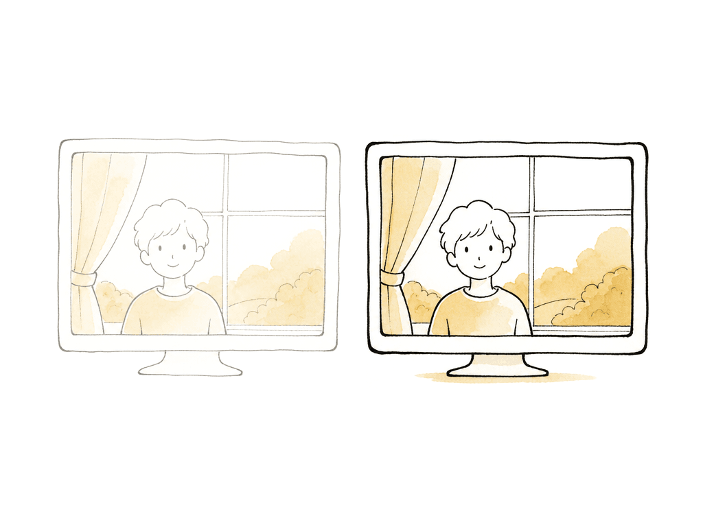 Two monitor frames show the same scene, one washed out and one with normal contrast.