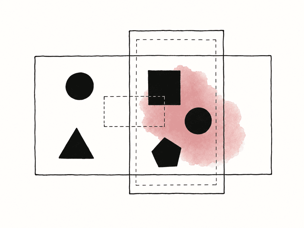 A vertical crop outline is repositioned within a wide frame to keep abstract subjects inside safe margins.