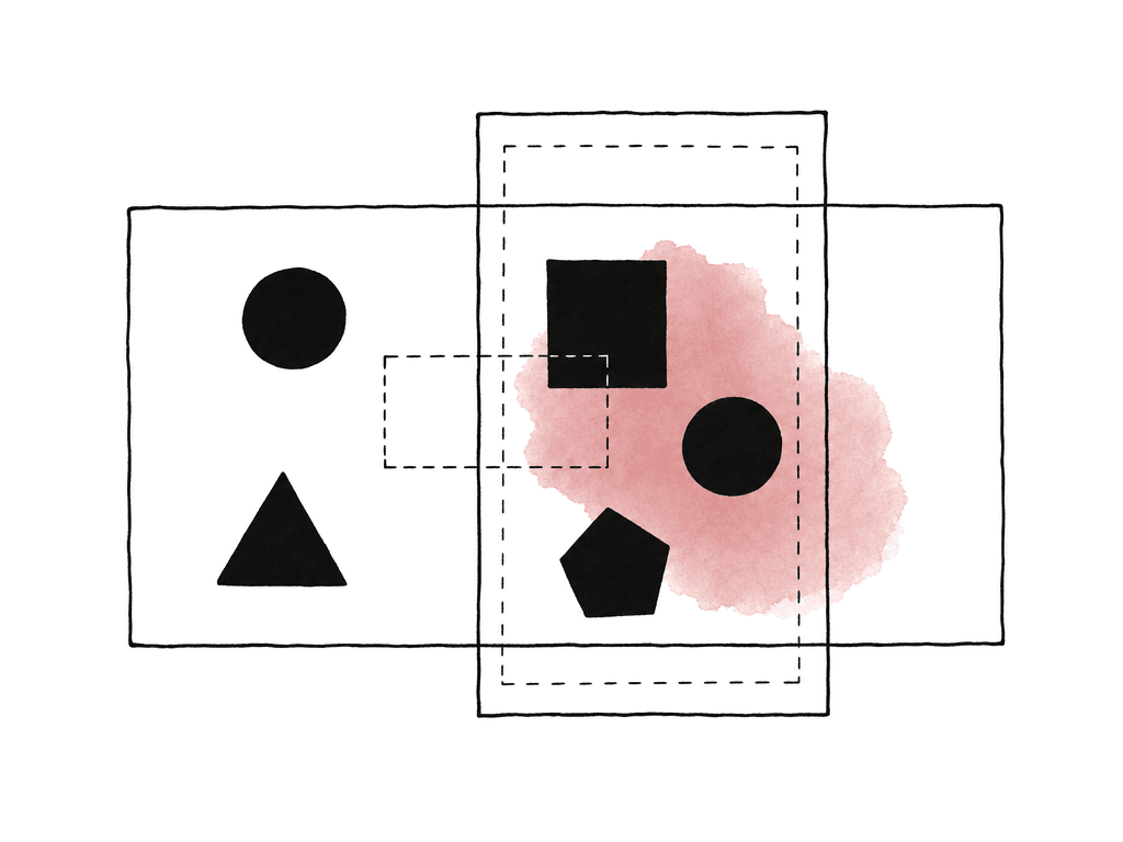 A vertical crop outline is repositioned within a wide frame to keep abstract subjects inside safe margins.