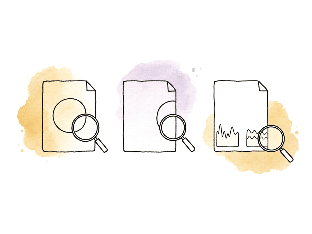 Several delivered files are inspected individually with magnifying glasses, and one file shows a cropped-off shape.