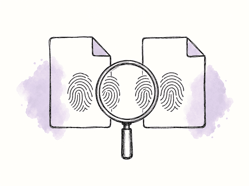 Hand drawn source and destination files with matching fingerprint marks being inspected by a magnifying glass.