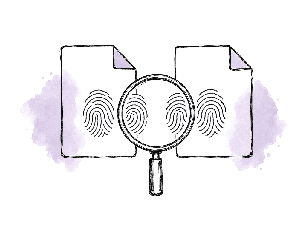 Hand drawn source and destination files with matching fingerprint marks being inspected by a magnifying glass.
