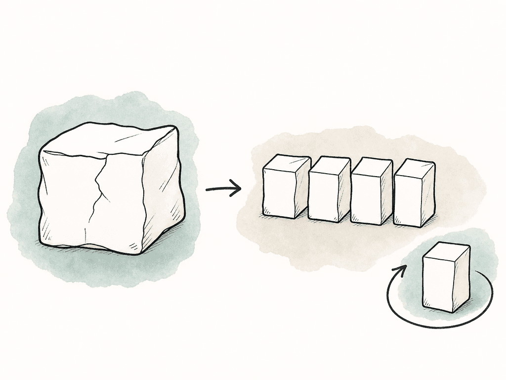 Hand drawn comparison of a cracked oversized package beside several smaller packages, one circled by a retry arrow.