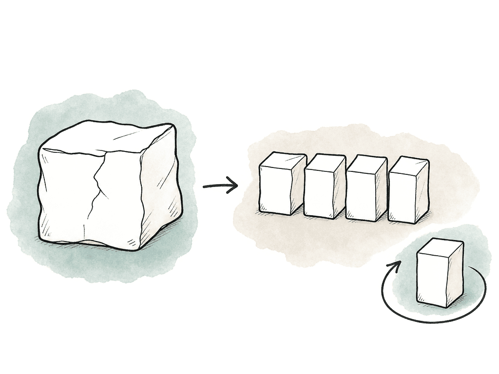 Hand drawn comparison of a cracked oversized package beside several smaller packages, one circled by a retry arrow.