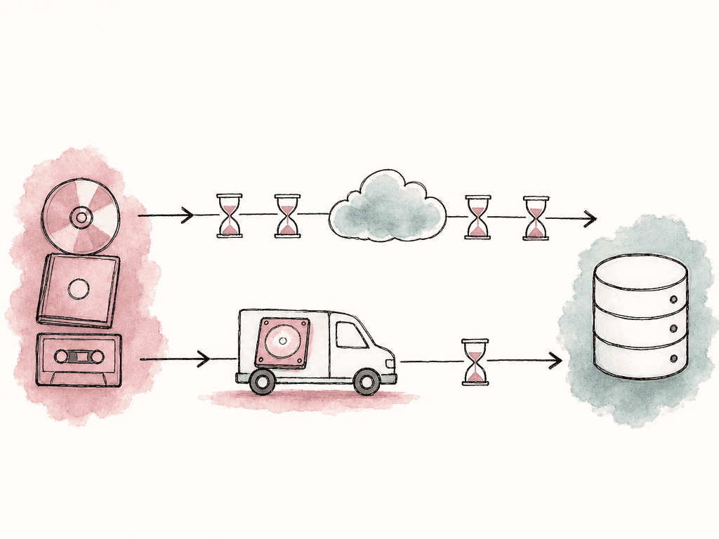 Hand drawn comparison of an online cloud route and a courier hard drive route leading from media to destination storage.
