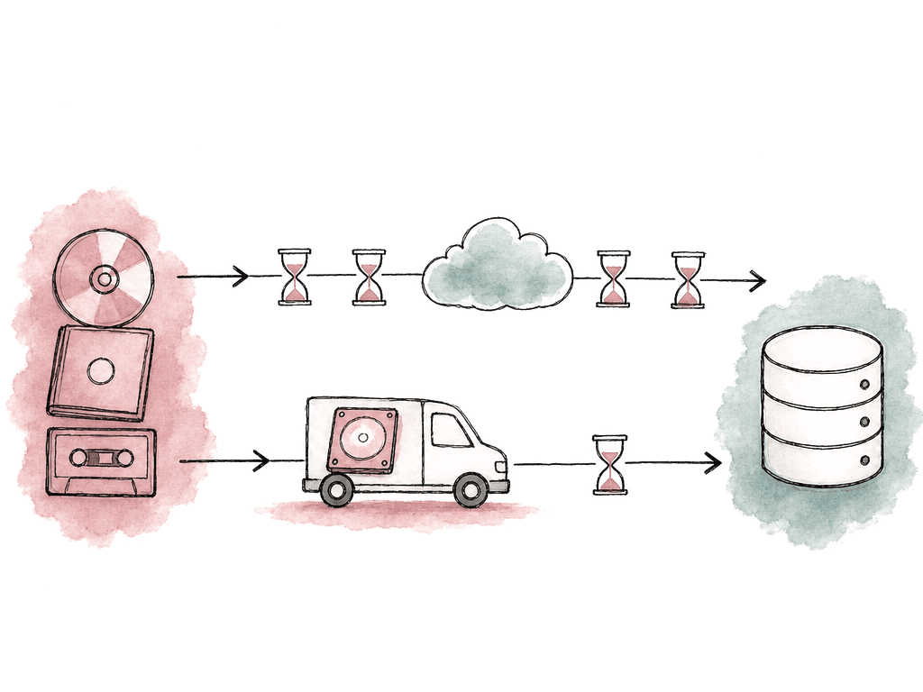 Hand drawn comparison of an online cloud route and a courier hard drive route leading from media to destination storage.