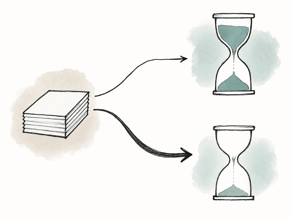 Hand drawn comparison of a media stack moving through a narrow path to a fuller hourglass and through a wider path to a smaller hourglass.