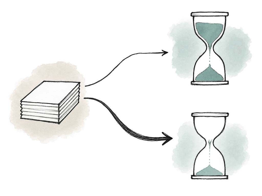 Hand drawn comparison of a media stack moving through a narrow path to a fuller hourglass and through a wider path to a smaller hourglass.