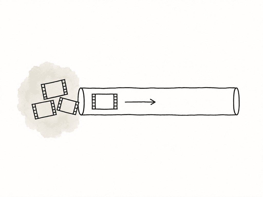 One media strip fits through a narrow connection while several others crowd at the entrance.