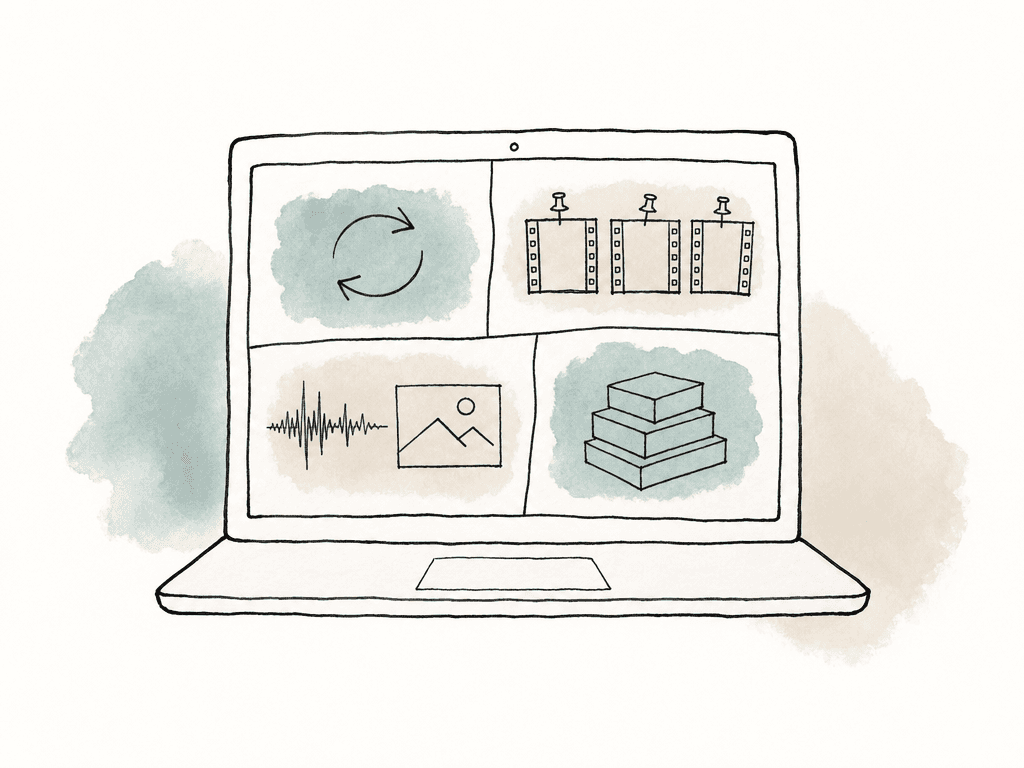 A laptop storage area is divided between cache, pinned media, supporting files, and generated media.